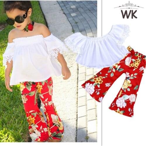 2021 Summer Fashionable Girl Clothes White Flare Sleeve a Word Shoulder Top + Floral Trousers 2PCS Outfits Kids Clothing Sets