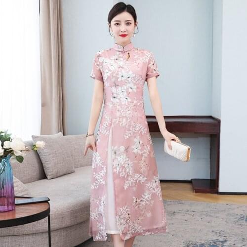 2021 improved cheongsam dress ao dai vietnam clothing lace floral print ao dai dress vietnamese chinese dress qipao party dress