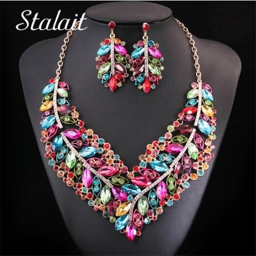 Bohemian Leaf Crystal Necklace Earrings Gold Color Geometric For Women Statement Flower Wedding Prom Best Gifts