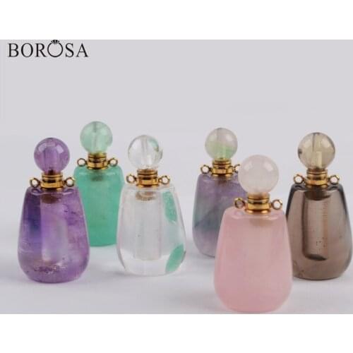 BOROSA 3Pcs Gild Multi Kind Stone Connector White Quartz Perfume Bottle Amethysts Essential Oils Bottle for Women Jewelry WX1192