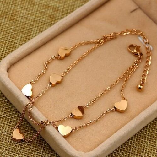 Free Shipping Seven Heart Double Layer Rose Gold Color Stainless Steel Bracelet