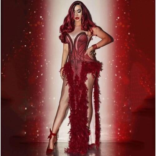 Red Rhinestones Feather Dress Birthday Celebrate Long Dress Women Sexy Dance Christmas Dress