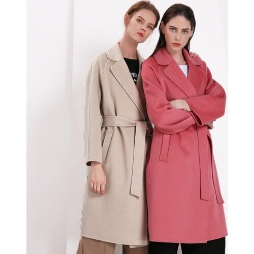 Long woolen blends cashmere coats for women 2019 autumn winter ladies jackets plus size overcoat double sided beige pink belt