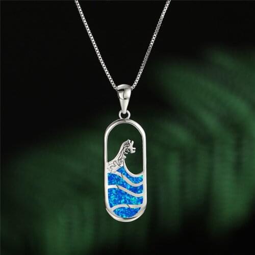 Blue Fire Opal Ocean Wave Pendant Necklaces For Women Wedding Fashion Jewelry Female Luxury Engagement Necklace Christmas Gifts