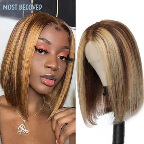 Highlight Wig Human Hair Bob Wigs Straight T Part 13x4x1 Lace Front Human Hair Wigs Peruvian Remy Short Bob Human Hair Wig