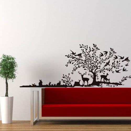 Jungo Hand Calligraphic Wall Decal Sticker Scenery of the Tree Birds on the Tree Rabbit Deers Playing under Tree Wall Art Mural