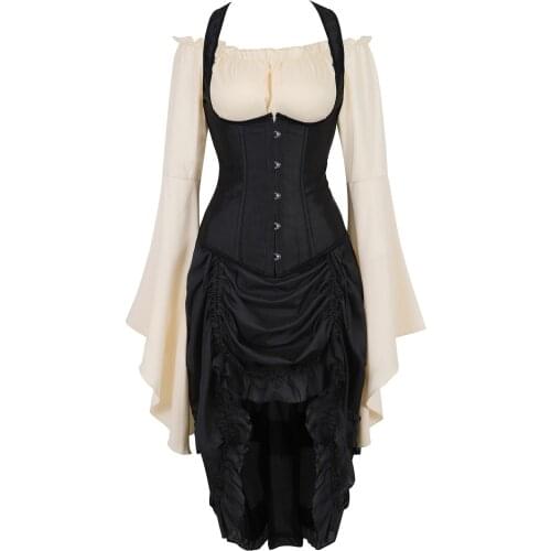 Corset Underbust with Pirate Skirt and Blouse Steel Boned Straps Korsage Sexy 3 Piece Carnival Party Cowgirl Costume Steampunk