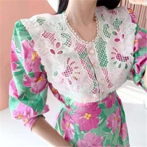Summer Korean Style Lace Crocheted Ink Flower Waist Dress