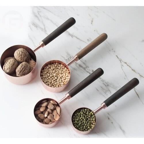 Rose Gold Measuring Cup Spoon 4 Pieces Set Thickened Copper Plated Baking Seasoning Wooden Handl