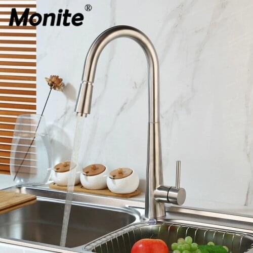 Monite Pull Out Rotated Kitchen Faucet Nickel Brush Swivel Kitchen Sink Mixer Tap Solid Brass Kitchen Faucet Vanity Mixer Tap