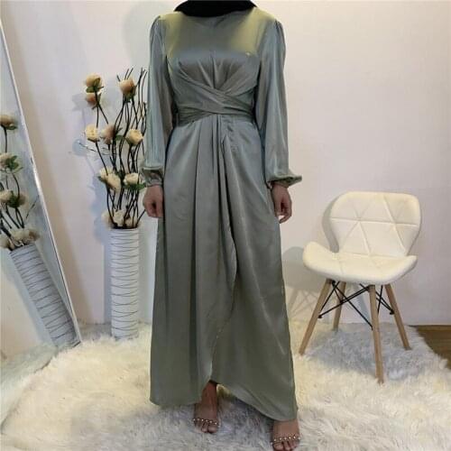 Muslim Women Solid Color Wrap Front Long Sleeve Ruffles Long Maxi Dress Eid Satin Abaya Dress Summer Dubai Turk Modest Wear
