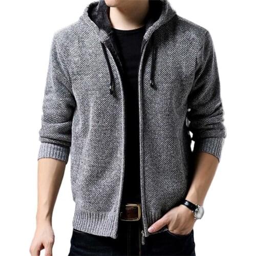 Men Autumn Winter Long Sleeve Plush Liner Zip Pockets Knitted Hooded Coat Jacket Mens Clothing