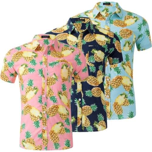 Men Summer Casual Shirts Hawaiian Pineapple Print Beach Shirts Short Sleeve Hawaii Shirts Surf Brand Clothing US Size 2020