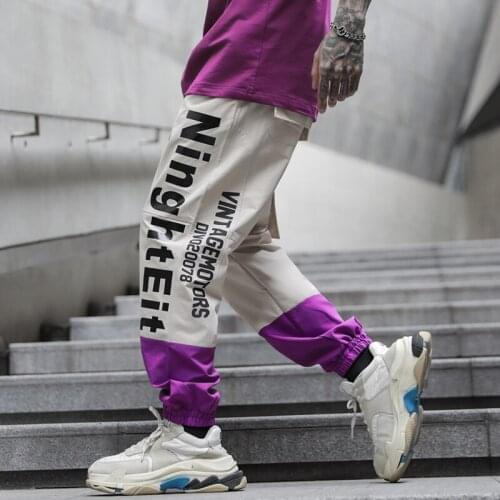 2020 NEW Harajuku Street Color Spliced Fashion Mens Joggers Harem Pants Letter Printed Casual Pencil Cargo Trousers Streetwear