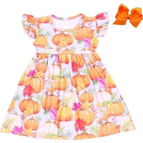 Girls Boutique Fall/Winter Halloween Dress Orange Knee Length Clothes For Kids Pumpkin Printed Toddler Milksilk Skirt With Bow