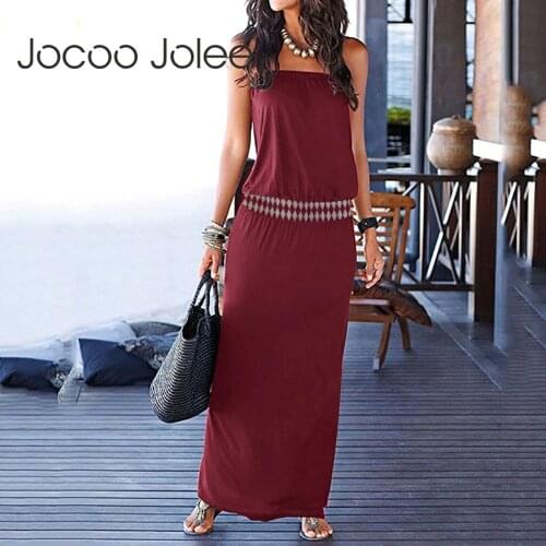 Jocoo Jolee Women Boho Off Shouldeer Strapless Solid Long Dress Casual Elastic Waist Slim Ankle-length Dress Beach Party Dresses