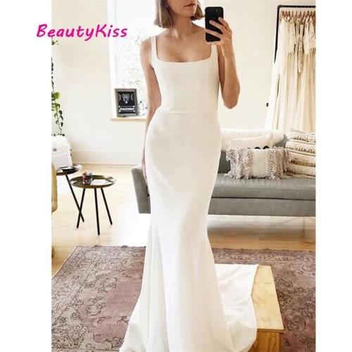 Spaghetti Straps Boho Wedding Dress Mermaid Soft Stain Long Train Bride Gowns Sexy Backless Sleeveless Wedding Dress