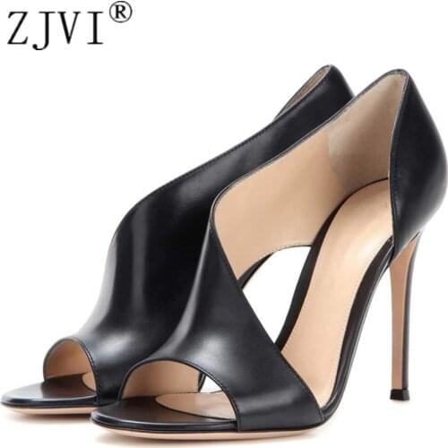 ZJVI Woman Fashion Peep Toe Sandals Ladies 12cm Thin High Heels Shoes For Women Summer Cow Leather Sandal Black Pary Sandalias