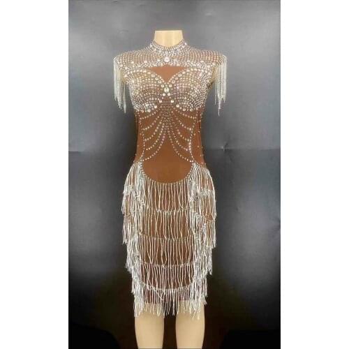 Silver Rhinestone Fringe Transparent Short Dress Birthday Celebrate Chain Shoulder Outfit Prom Dancer Show Dress