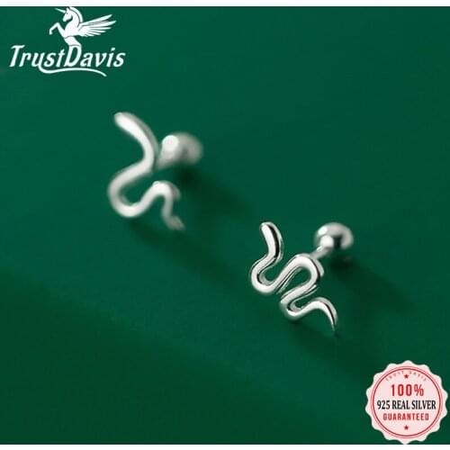 TrustDavis Real 925 Sterling Silver Fashion Asymmetric Snake Screw Stud Earrings For Women Wedding Minimalist Fine Jewelry DB152