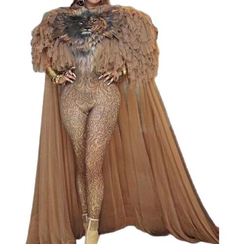 Folds Mesh Gauze Floor-Length Cloak Printing Jumpsuits Lion Pattern Patch Designs Bodycon Nightclub Dance Show Wear Stage Outfit