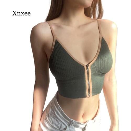 Womens Fashion Contrast Color Camisole Sexy V-Neck Zipper Open Exposed Navel Backless Tops Clothing