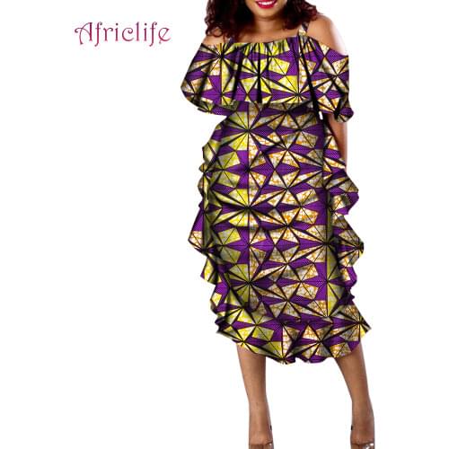 Mid-calf Dress for Lady Traditional African Clothing Dashiki African Ruffle Sexy Dresses for Women WY4330