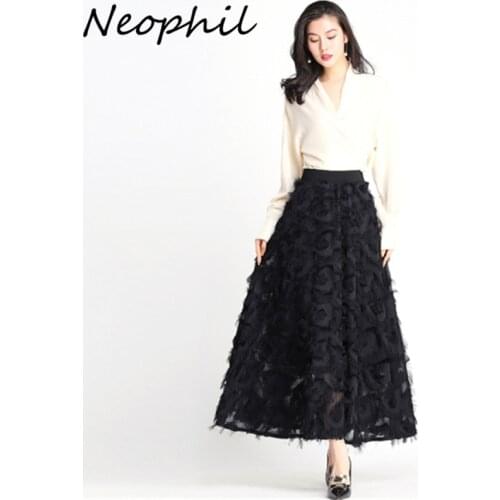 Neophil 2020 Winter Tassel Women Tulle Mesh Skirts Midi Feather Patchwork 88cm Length High Waist Puffy Ladies Skirts Saia S2032