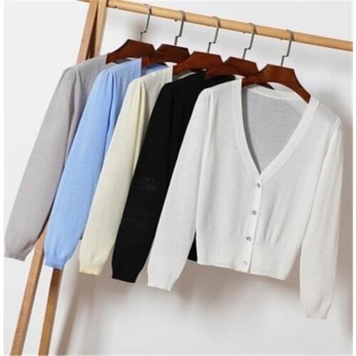 13 Colors Womens Short Knitted Cardigan Coat V Neck Long Sleeve Ice Silk Thin Coats Buttons 4XL Plus Size Women Top PZ1451