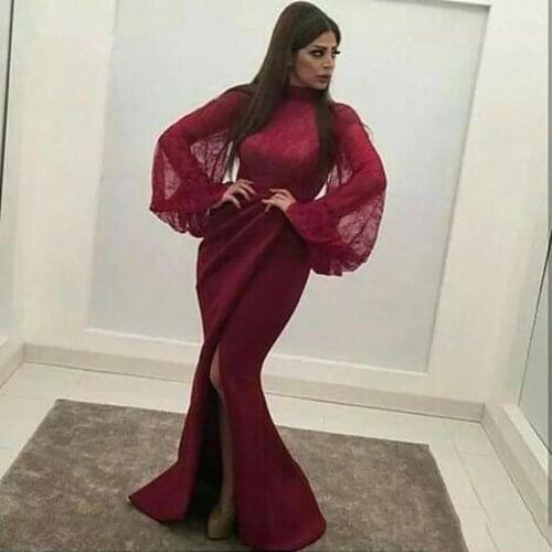 Burgundy Evening Dresses Mermaid High Collar Long Sleeves Lace Slit Dubai Saudi Arabia Long Prom Dress Gown Robe De Soiree