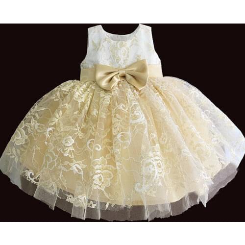 Golden Lace Girl Dress Summer Tutu Wedding Birthday Party Kids Dresses For Girls Childrens Costume Bow Ball Gown 3 6 12 24M 3T