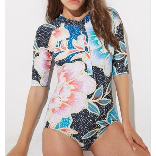 2018 Floral Print Swimwear Zipper Rashguards One Piece Short Sleeves Swimsuit Dive High Neck Rashguards Surf Bodysuit Wetsuit