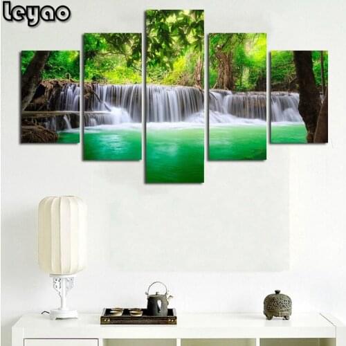 5 Panels 5d Diy Diamond Painting Nature Scape Full Square Round Diamond Embroidery Waterfall Landscape Mosaic Art Home Decor