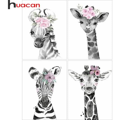 Huacan Diamond Painting Full Giraffe Wall Stickers Embroidery Mosaic Black White Animal Flower Home Decor