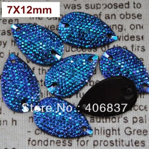 Free Shipping, 100pcs/Lot, 7*12mm Bling-star Metallic Blue resin sew on Teardrop flat back sewing on stones