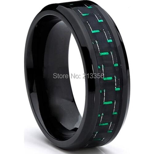 Free Shipping!USA Hot Sales E&C TUNGSTEN LUXURY JEWELRY 8MM BLACK BEVELED BLACK&GREEN FIBER NEW MENS LORD TUNGSTEN WEDDING RING