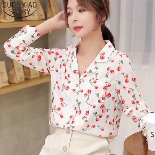Blusas Mujer De Moda 2021 New V-collar Shirt Female Design White Chiffon Shirt Women Blouses print full Women Tops 6003 50