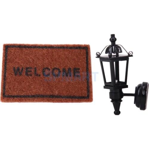 Dolls House Furniture Black LED Wall Lamp & Floor Rug Cover Carpet for 1/12 Dollhouse Miniatures