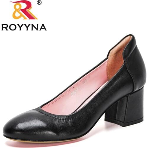 ROYYNA 2021 New Designers Genuine Leather Office Shoes Women Party Thick Heel Round Toe Pumps Ladies Zapatillas Mujer Wedges