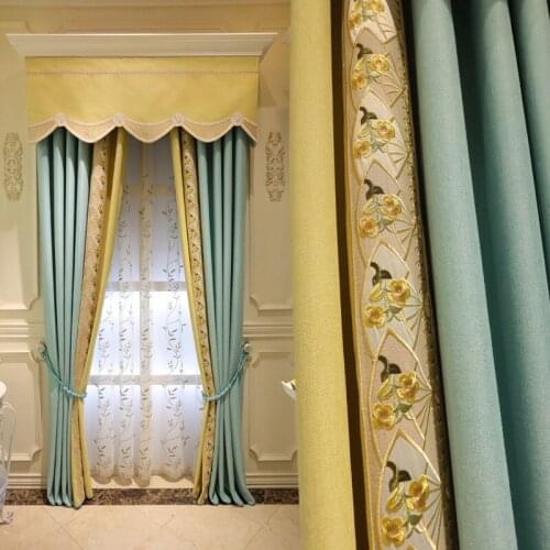 European Luxury Blackout Gold windows treatment curtains for living room bedroom flower tulle valance
