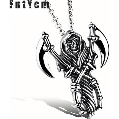 Gothic Skull Skeleton Pendant Necklace Skeleton Scythe Mens Pendant Necklace Stainless Steel Colgante Hombre Hanger Ketting Man