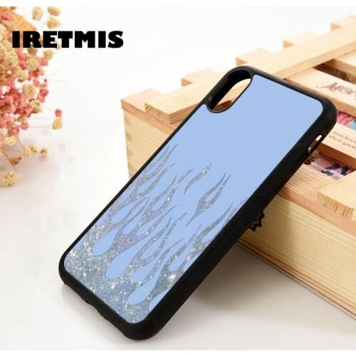 Iretmis 5 5S SE 6 6S TPU Silicone Rubber Phone Case Cover for iPhone 7 8 Plus X Xs 11 12 MINI Pro Max XR Blue glitter flame