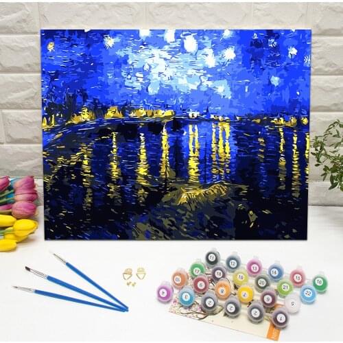 Framed Van Gogh Starry Night Oil Painting by Number Hand Painted Canvas Wall Art For Living Room Decoration Wall Art 40x50cm