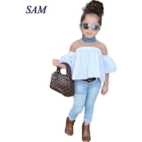 2019 Fashion Girls Clothing Sets INS One-Shoulder Strapless top + Jeans 2 pcs suit For Childrens Kids Cotton Clothes