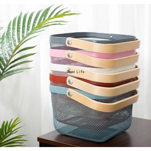 Storage Basket Portable Fruit Vegetable Bag Basket With Wooden Handle Multifunction Mesh Drain Organizer Baskets Home Organizer