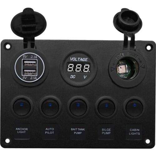 Red LED 5 Gang Toggle Rocker Switch Panel Dual USB Socket Charger Voltmeter for Marine Boat