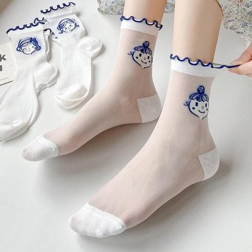 Cute Girl Long Socks Women Summer Thin Sock Japanese White Crystal Glass Silk Printed Socks Transparent Lace Tube Socks