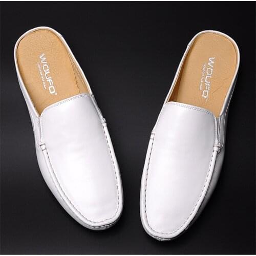 Mens leather half support, perforated and breathable lazy shoes, soft leather fashion white casual Baotou slippers