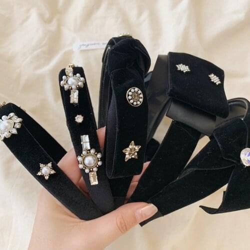 Retro Rhinestone Velvet Bow Hair Band Snowflake Pearls Headband Black Luxury Hair Accessories 2020 Fashion Women Hairbands