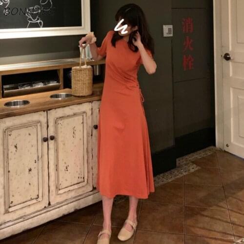 Dress Women Solid Skinny Retro Temperament Ulzzang Simple Drawstring Summer Midi Dresses Chic Fashion Clothes Stylish Tunic New